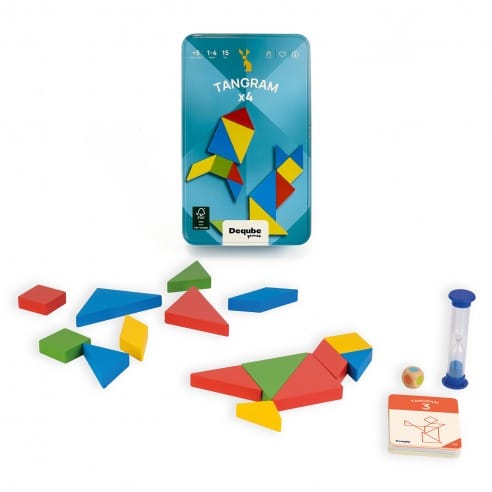 4 TANGRAM MADERA EN CAJA METAL.