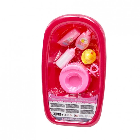 Bañera rosa para muñecos con complementos y biberón