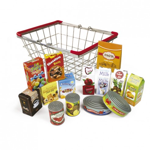 Cesta de la compra metálica con alimentos