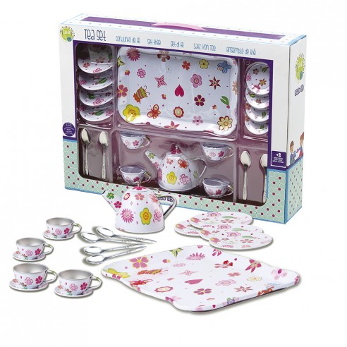 Juego de té rosa con bandeja de acero con 19 piezas