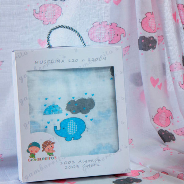 Muselina con dibujo de elefante y nubes
