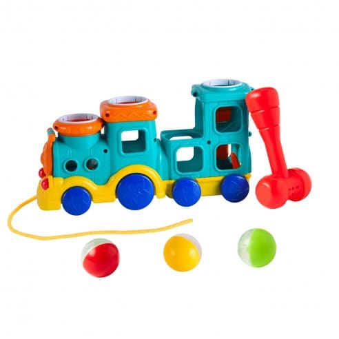 TREN INFANTIL ARRASTRE CON MARTILLO Y PELOTAS.